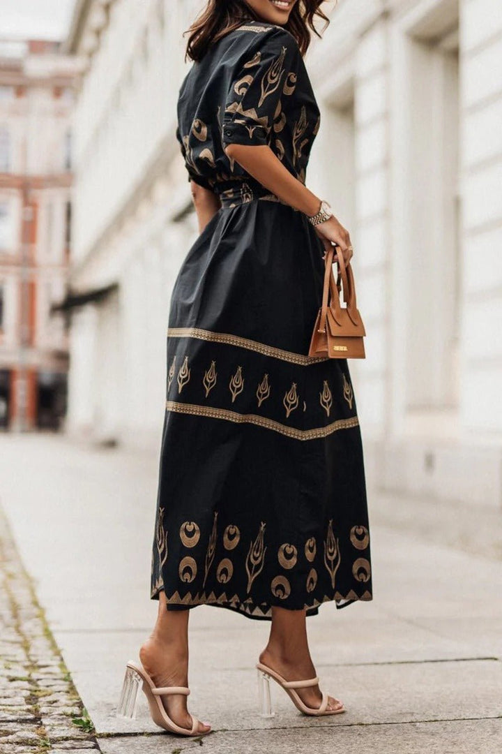 Women's Boho Print Belted Midi Dress
