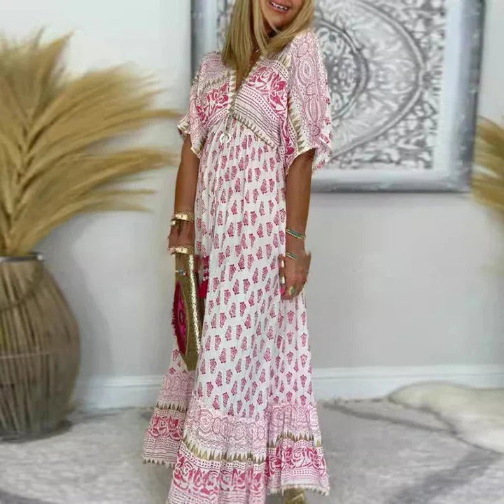 Women's Boho Print Short-Sleeve Maxi Dress - Pink