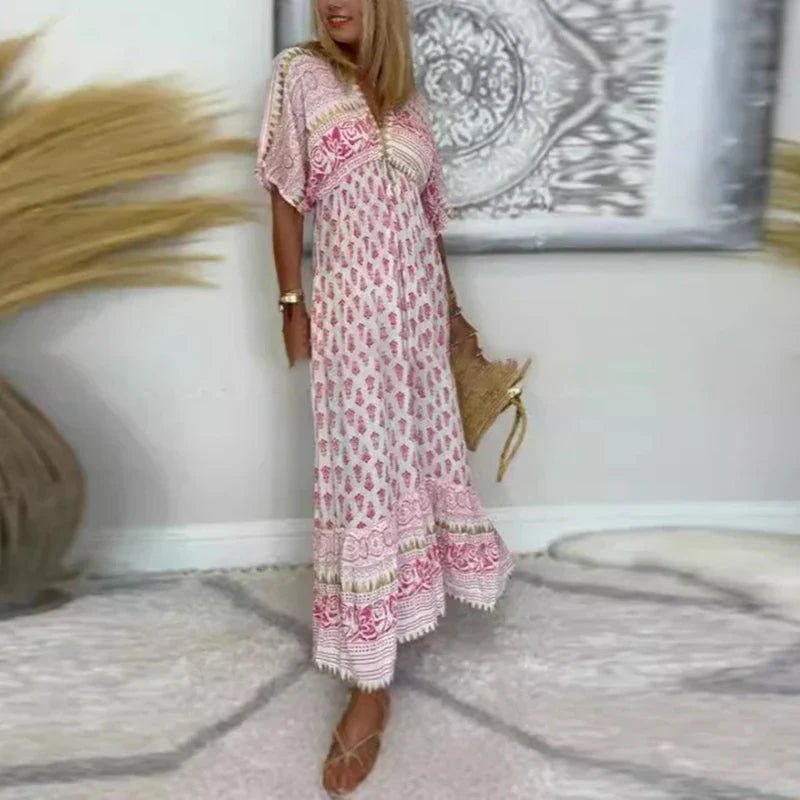 Women's Boho Print Short-Sleeve Maxi Dress