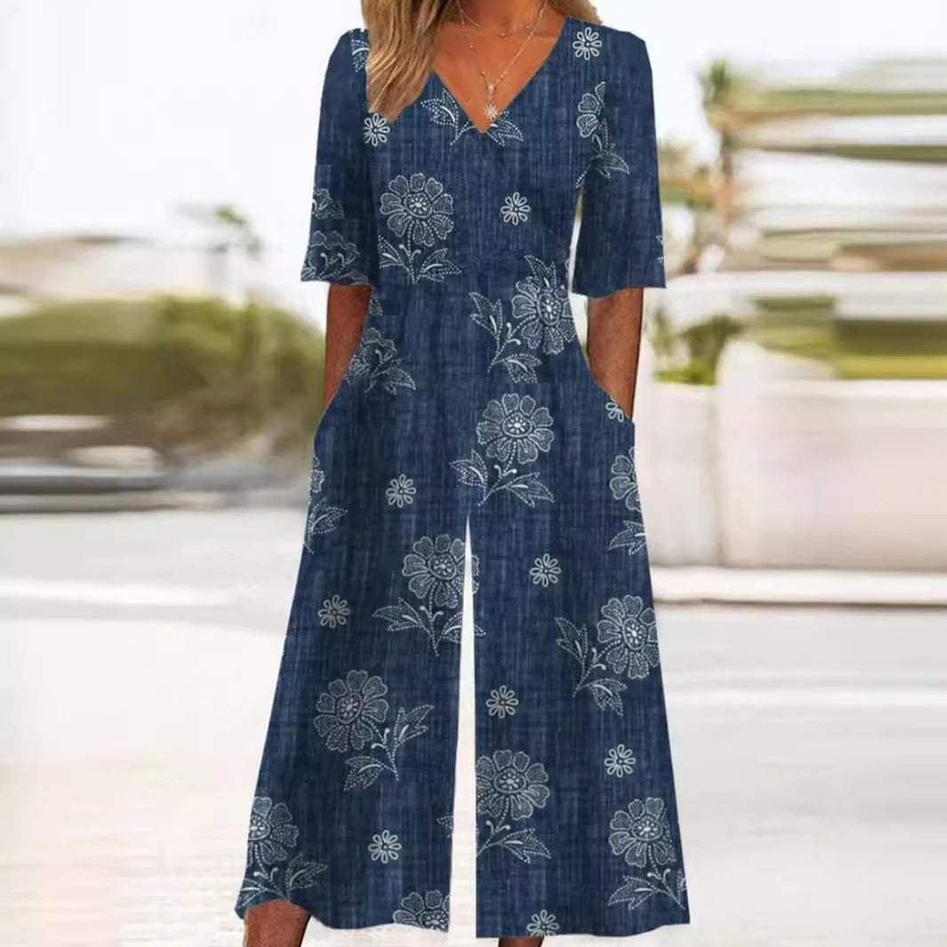Women's Boho V-Neck Half-Sleeve Wide-Leg Jumpsuit