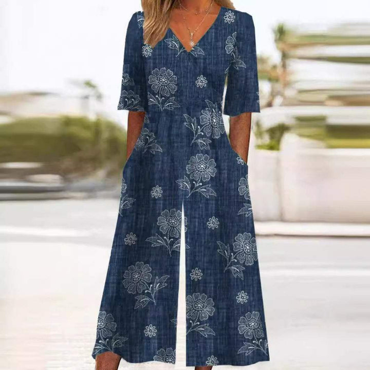 Women's Boho V-Neck Half-Sleeve Wide-Leg Jumpsuit