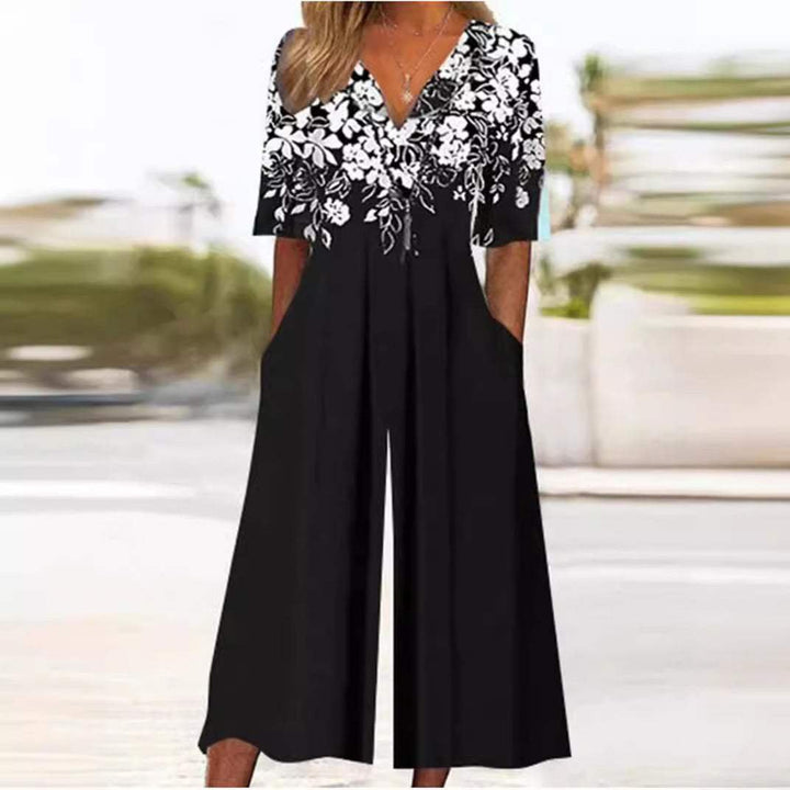 Women's Boho V-Neck Half-Sleeve Wide-Leg Jumpsuit