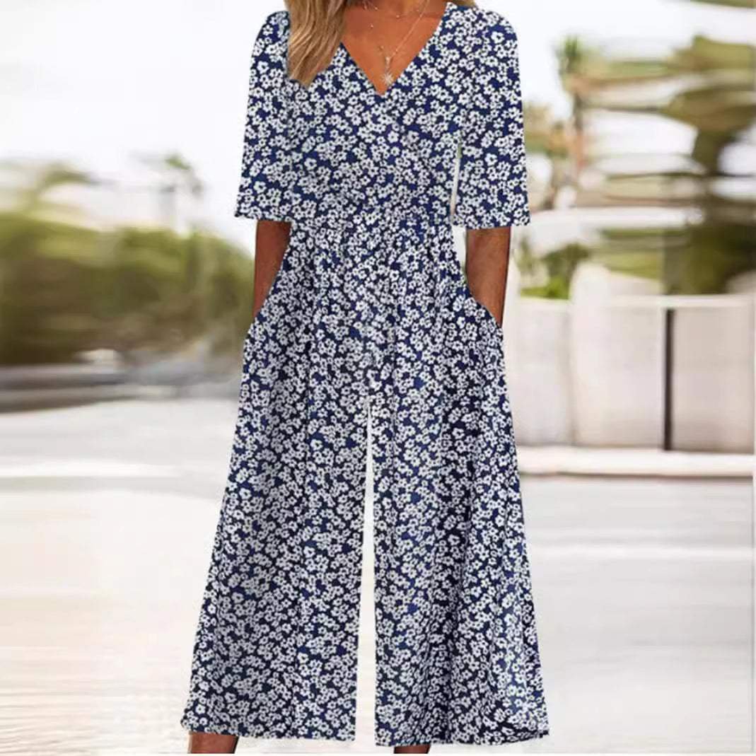 Women's Boho V-Neck Half-Sleeve Wide-Leg Jumpsuit