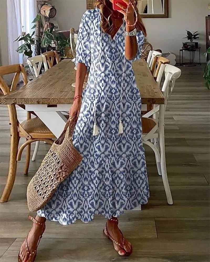Women's Boho V-Neck Lantern-Sleeve Geometric Maxi Dress - Blue
