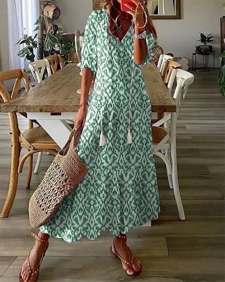 Women's Boho V-Neck Lantern-Sleeve Geometric Maxi Dress - Green