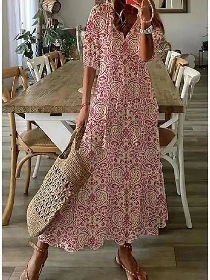 Women's Boho V-Neck Lantern-Sleeve Geometric Maxi Dress - Red