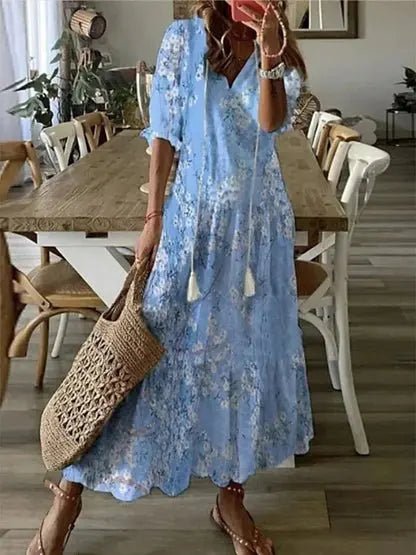 Women's Boho V-Neck Lantern-Sleeve Geometric Maxi Dress - Light Blue