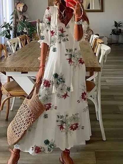 Women's Boho V-Neck Lantern-Sleeve Geometric Maxi Dress - White