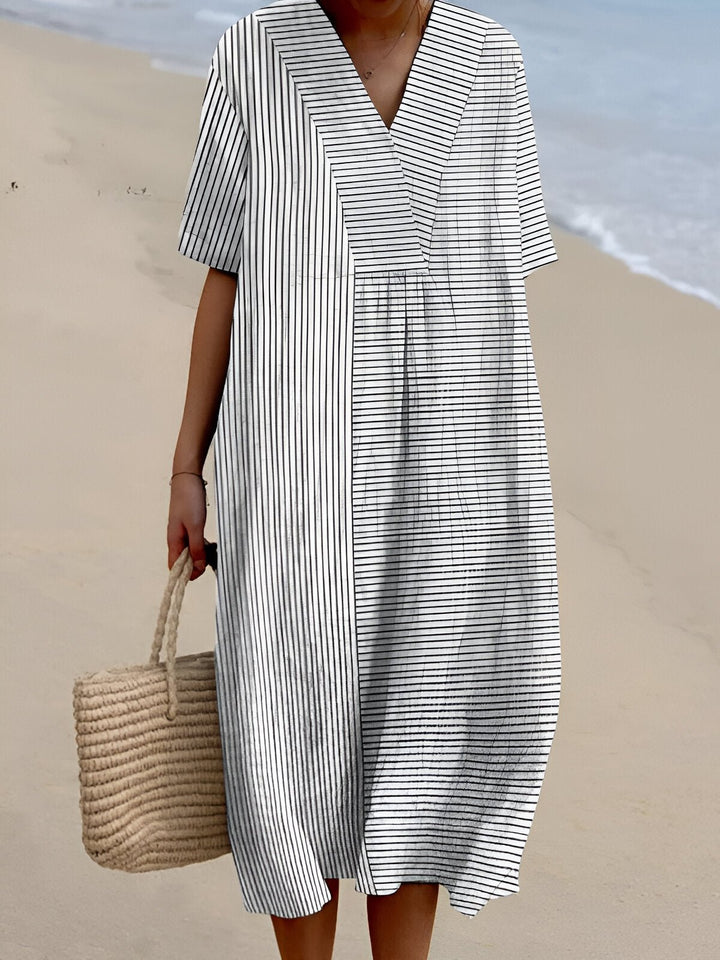 Women's Boho V-Neck Short-Sleeve Relaxed Midi Dress - Stripe White