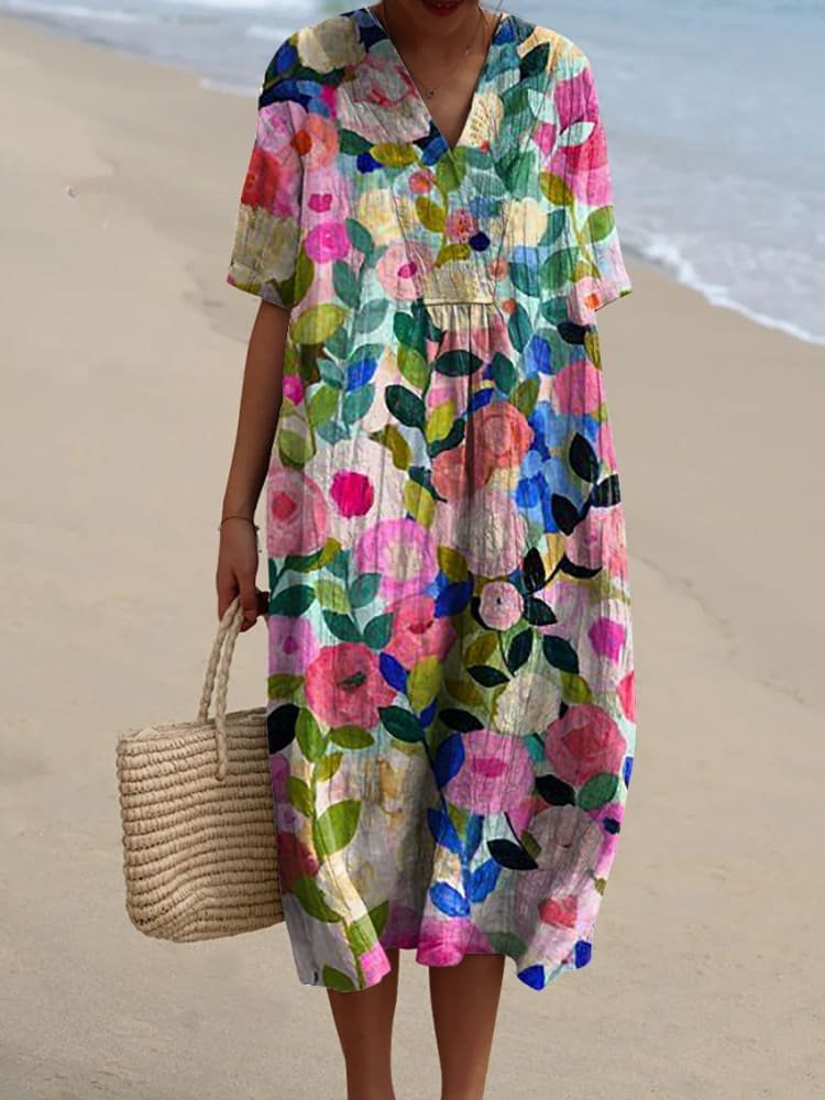 Women's Boho V-Neck Short-Sleeve Relaxed Midi Dress - Colorful
