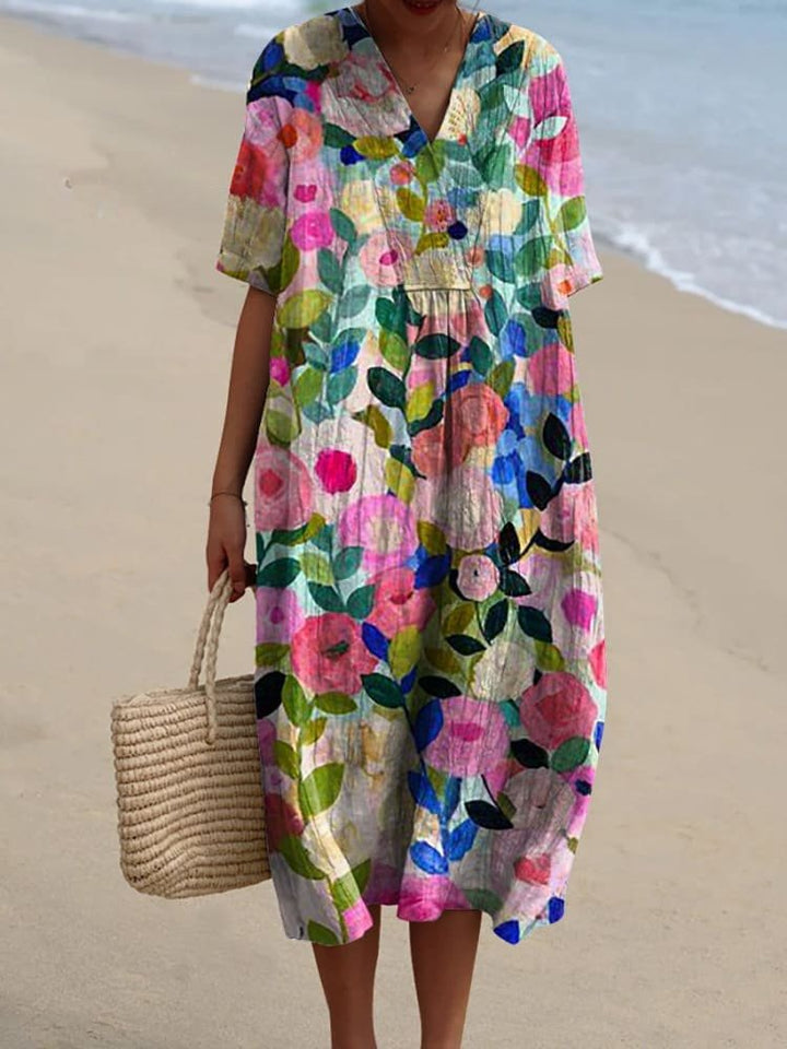 Women's Boho V-Neck Short-Sleeve Relaxed Midi Dress - Colorful