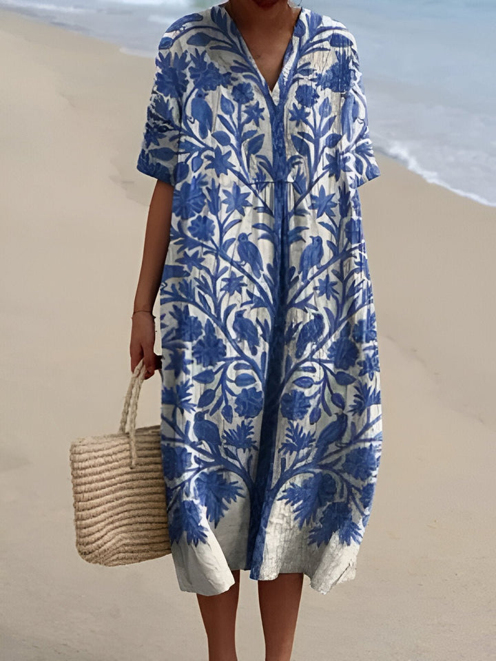 Women's Boho V-Neck Short-Sleeve Relaxed Midi Dress - Blue