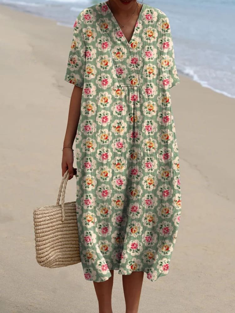 Women's Boho V-Neck Short-Sleeve Relaxed Midi Dress - Floral Green