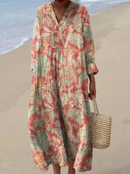 Women's Boho V-Neck Short-Sleeve Relaxed Midi Dress - Floral Orange