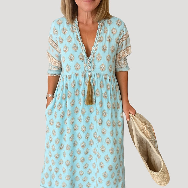 Women's Boho V-Neck Tassel-Tie Midi Dress with Pockets - Blauw