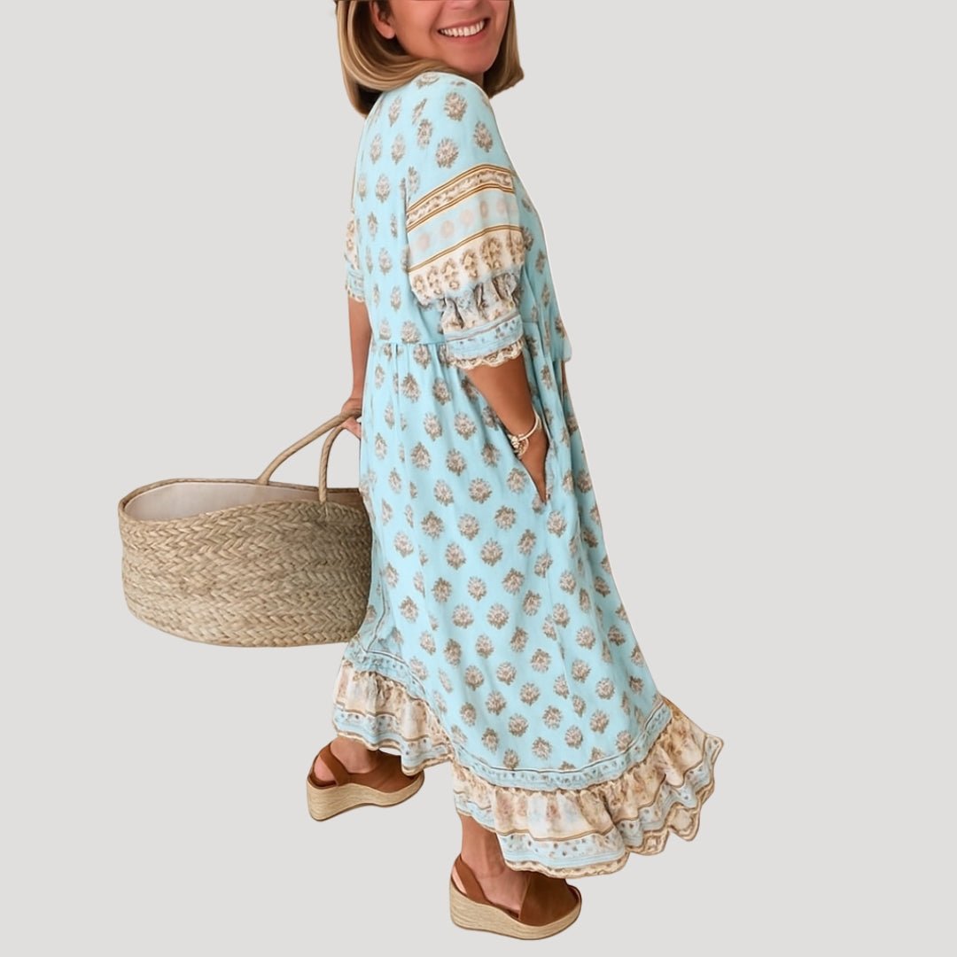 Women's Boho V-Neck Tassel-Tie Midi Dress with Pockets