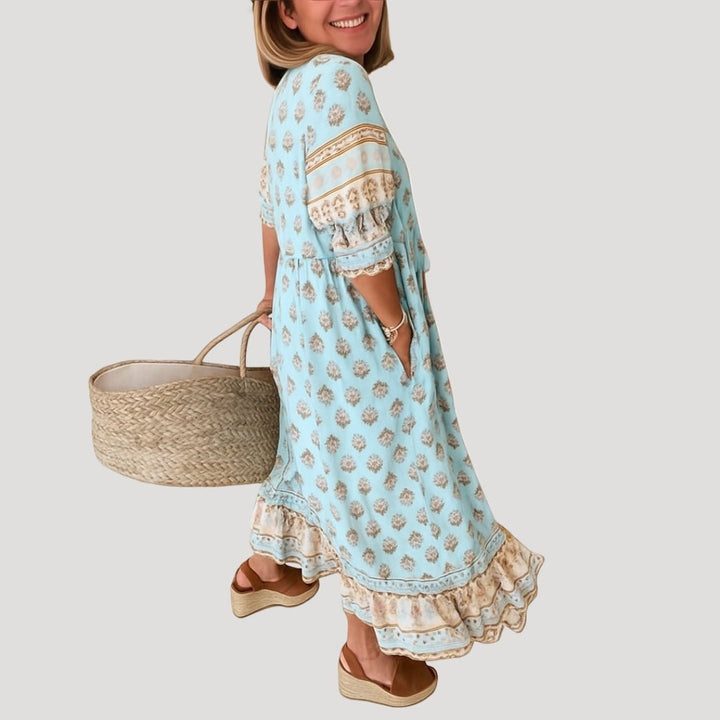 Women's Boho V-Neck Tassel-Tie Midi Dress with Pockets