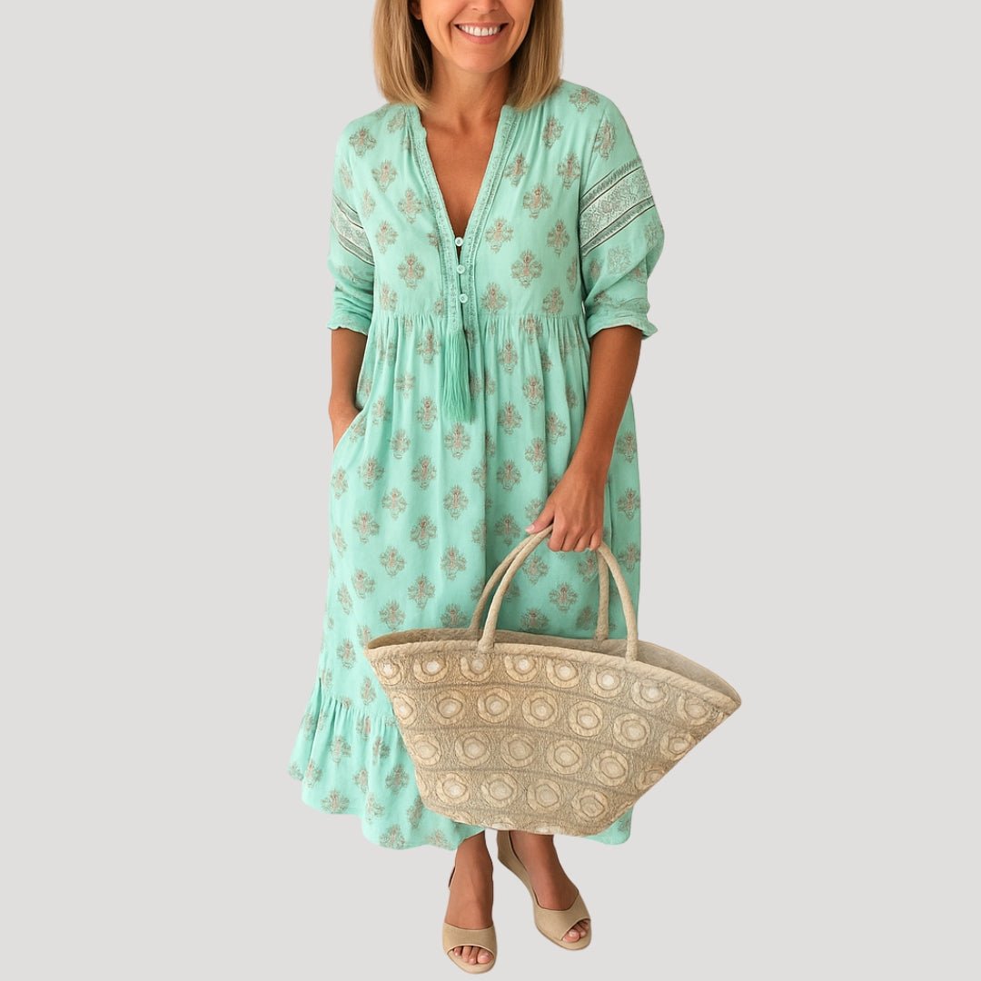 Women's Boho V-Neck Tassel-Tie Midi Dress with Pockets