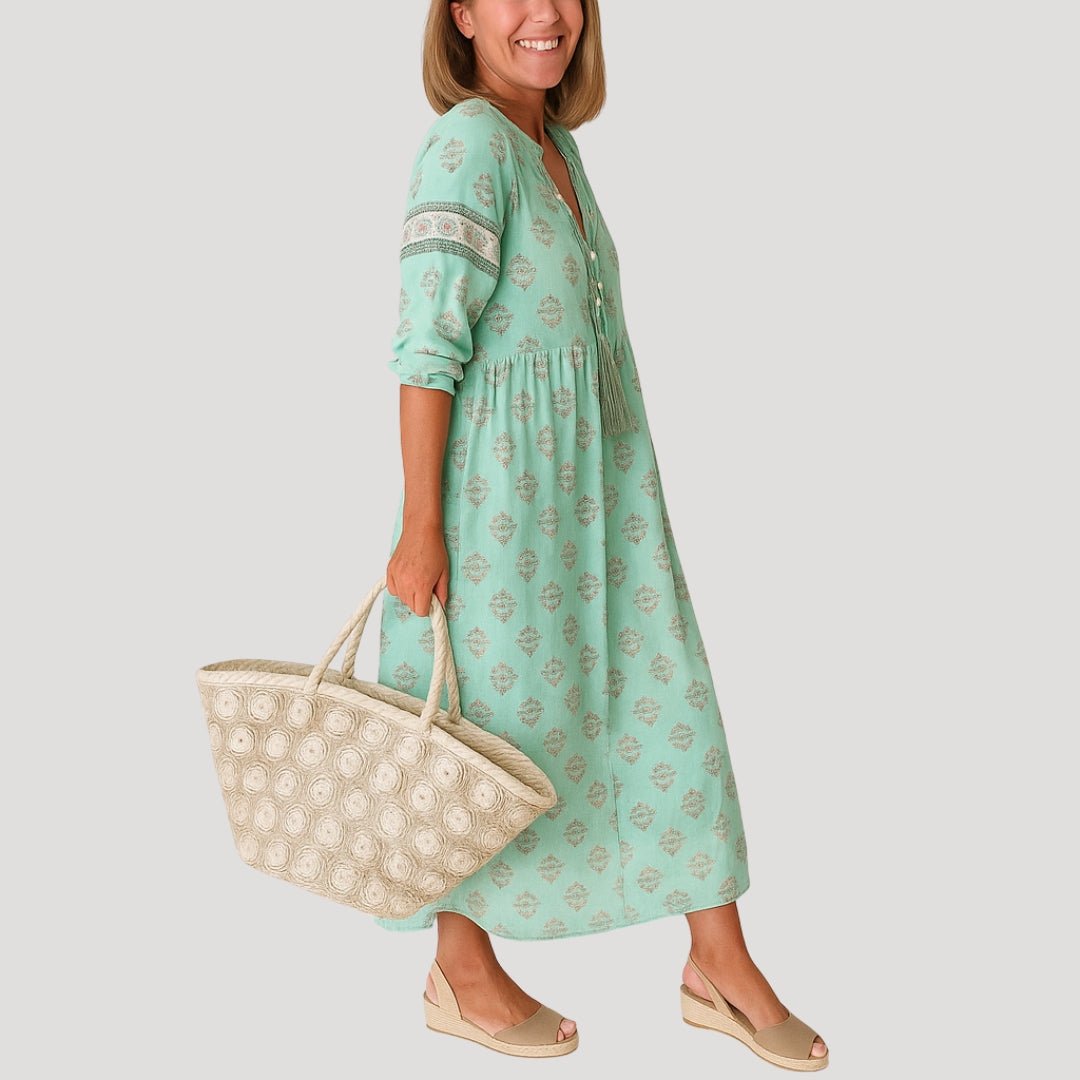 Women's Boho V-Neck Tassel-Tie Midi Dress with Pockets