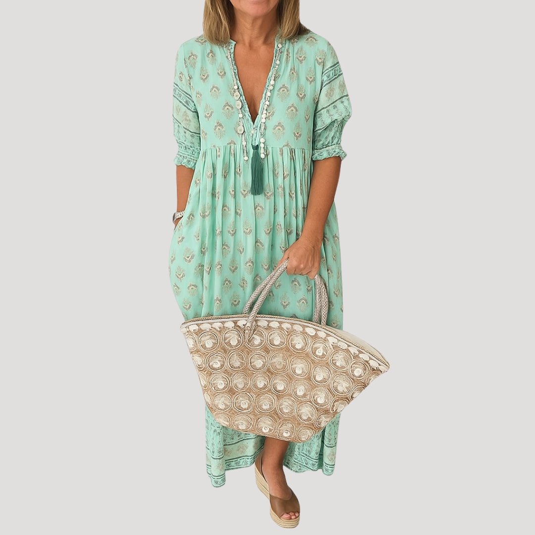 Women's Boho V-Neck Tassel-Tie Midi Dress with Pockets - Groente