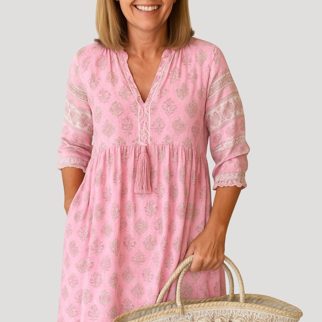 Women's Boho V-Neck Tassel-Tie Midi Dress with Pockets - Roze