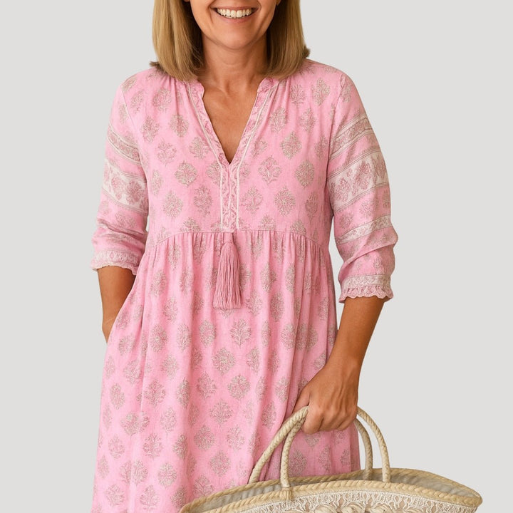Women's Boho V-Neck Tassel-Tie Midi Dress with Pockets - Roze