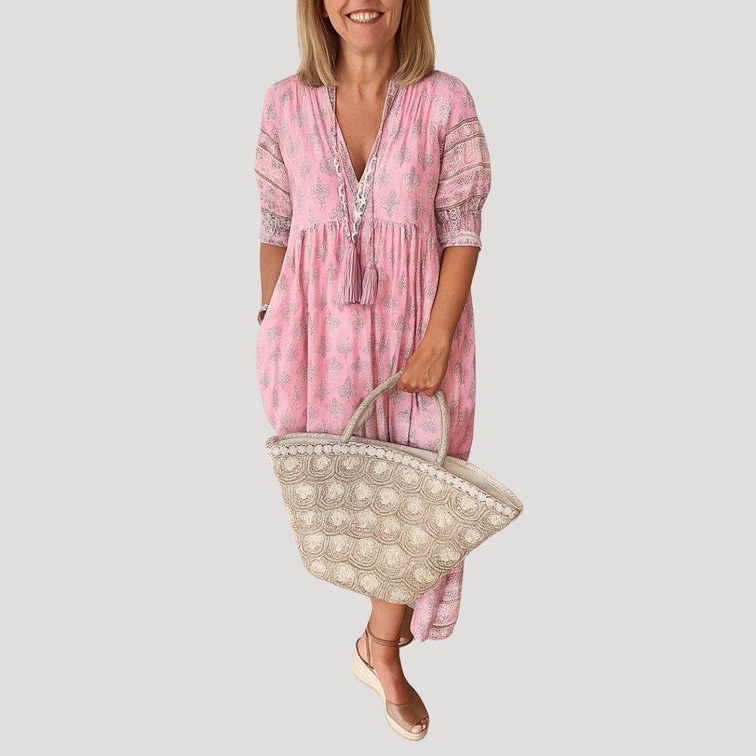 Women's Boho V-Neck Tassel-Tie Midi Dress with Pockets