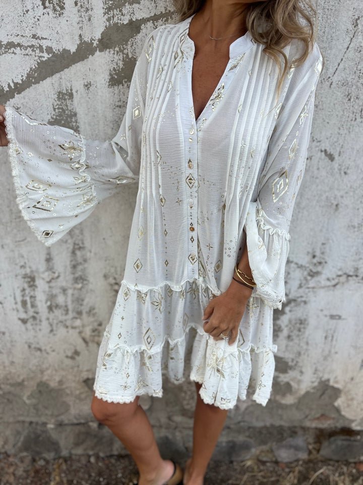 Women's Boho V-Neck Tiered Three-Quarter Sleeve Dress - White