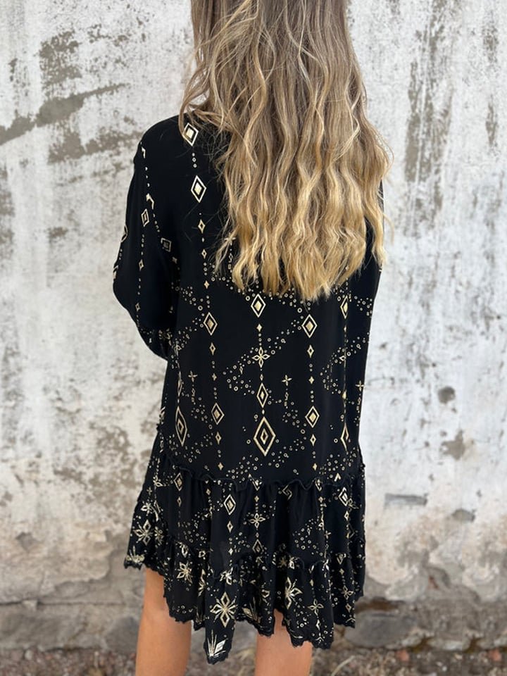 Women's Boho V-Neck Tiered Three-Quarter Sleeve Dress