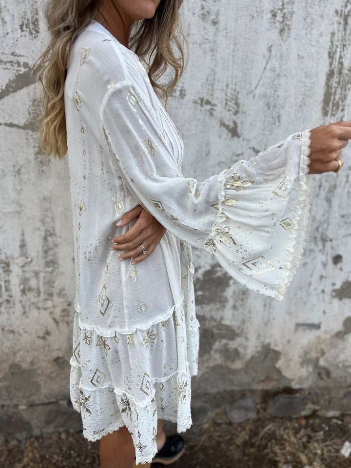 Women's Boho V-Neck Tiered Three-Quarter Sleeve Dress