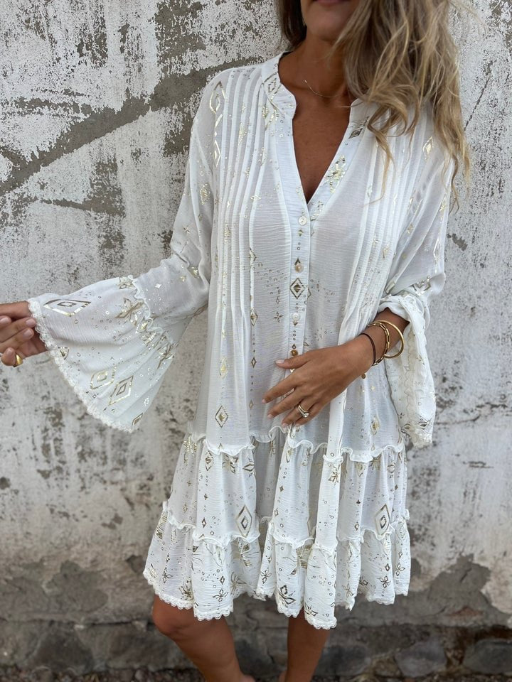Women's Boho V-Neck Tiered Three-Quarter Sleeve Dress