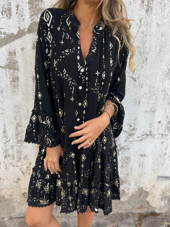Women's Boho V-Neck Tiered Three-Quarter Sleeve Dress - Black