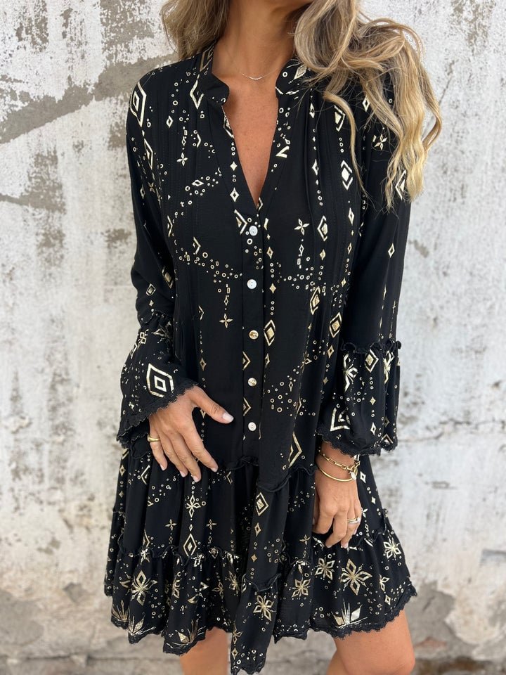Women's Boho V-Neck Tiered Three-Quarter Sleeve Dress