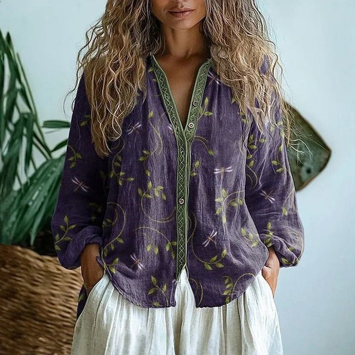 Women's Botanical Print Button-Down Relaxed Blouse - Purple