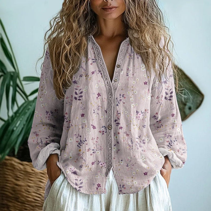Women's Botanical Print Button-Down Relaxed Blouse - Pink