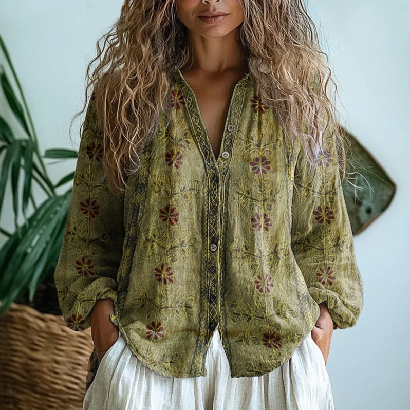 Women's Botanical Print Button-Down Relaxed Blouse - Green