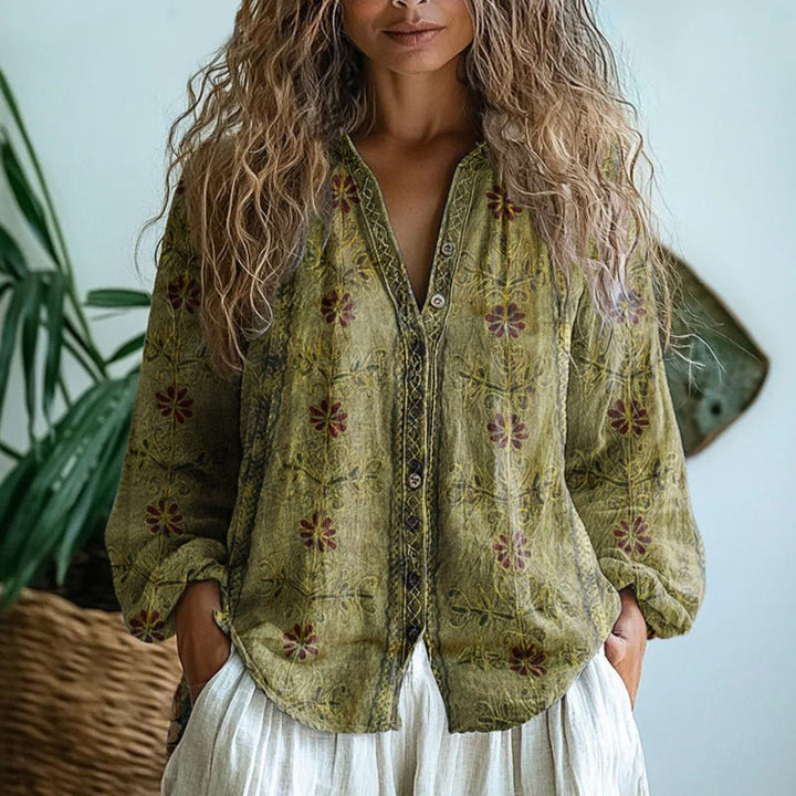 Women's Botanical Print Button-Down Relaxed Blouse - Green