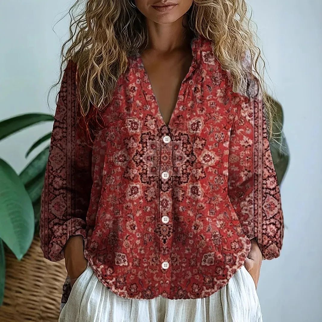 Women's Botanical Print Button-Down Relaxed Blouse - Red