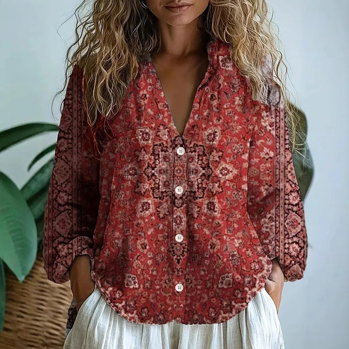 Women's Botanical Print Button-Down Relaxed Blouse - Red