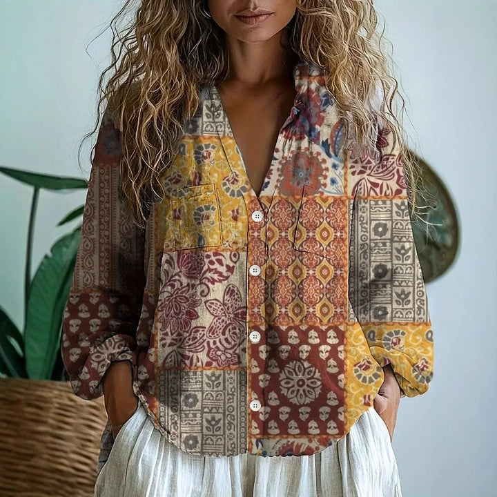 Women's Botanical Print Button-Down Relaxed Blouse - Yellow