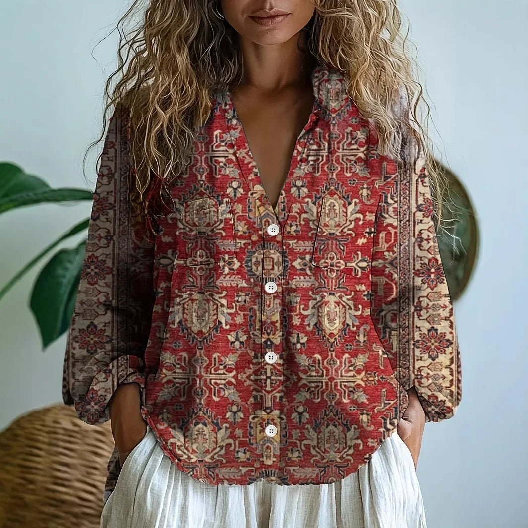 Women's Botanical Print Button-Down Relaxed Blouse - Burgundy