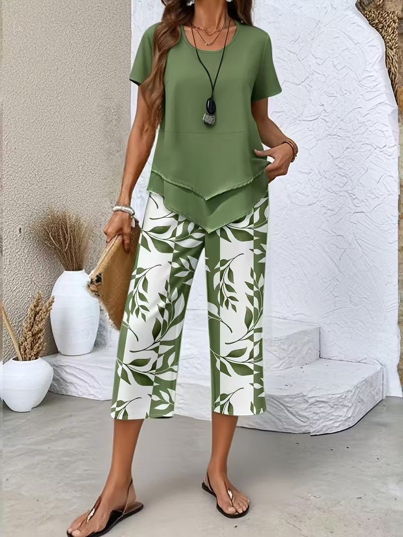 Women's Botanical Print Short-Sleeve Two Piece Set - Green