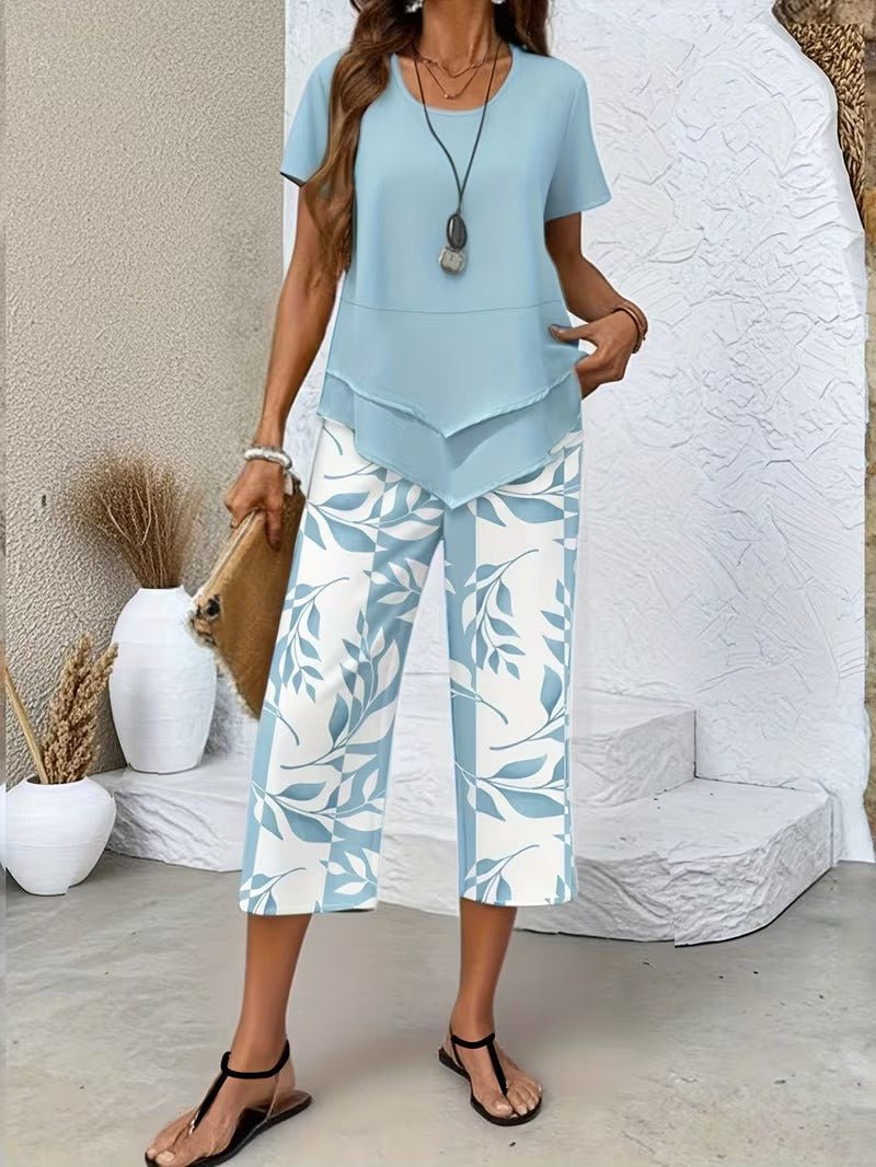 Women's Botanical Print Short-Sleeve Two Piece Set - Light Blue
