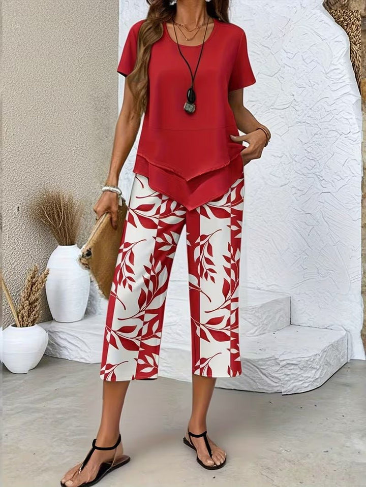 Women's Botanical Print Short-Sleeve Two Piece Set - Red