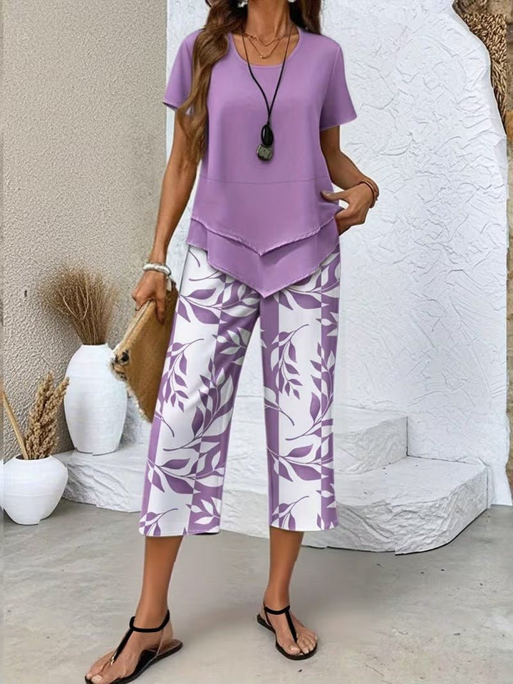 Women's Botanical Print Short-Sleeve Two Piece Set - Purple