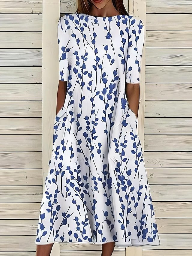 Women's Botanical Print Three-Quarter Sleeve Midi Dress - Blue