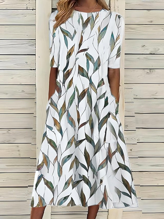 Women's Botanical Print Three-Quarter Sleeve Midi Dress - Green