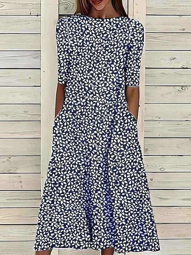 Women's Botanical Print Three-Quarter Sleeve Midi Dress - Dark Blue