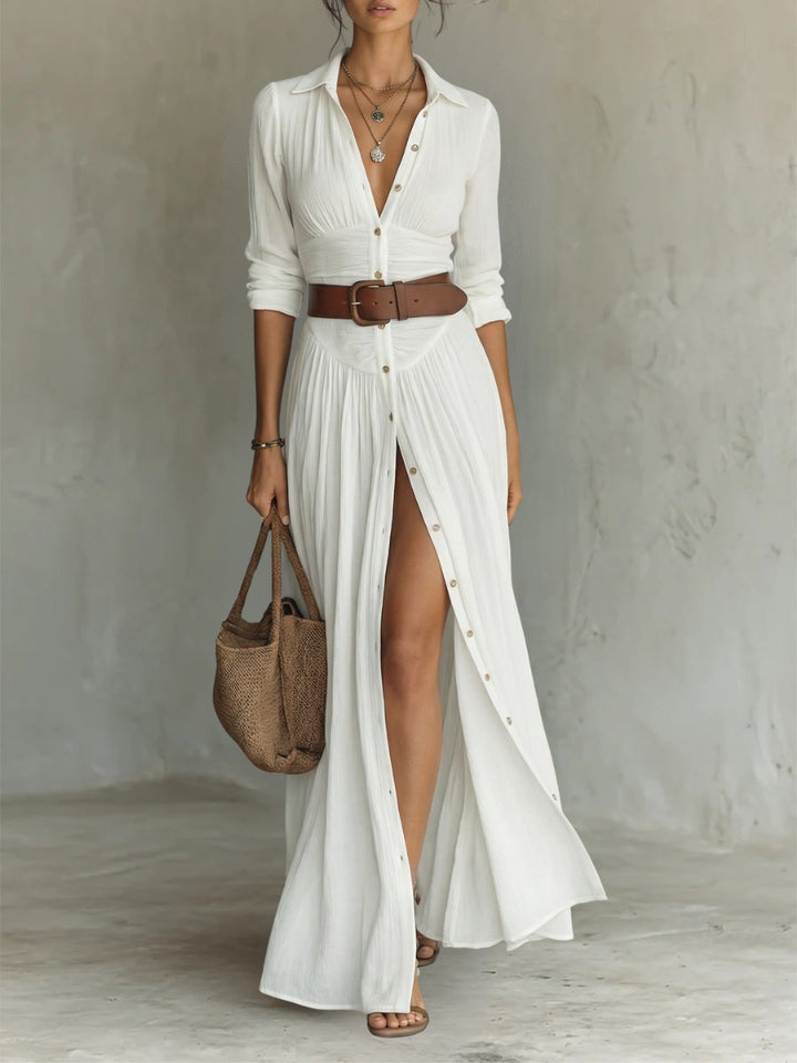 Women's Button-Front Belted Maxi Shirt Dress - White