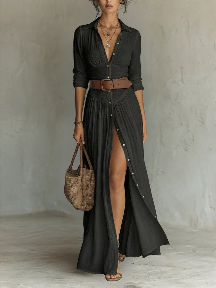 Women's Button-Front Belted Maxi Shirt Dress - Black